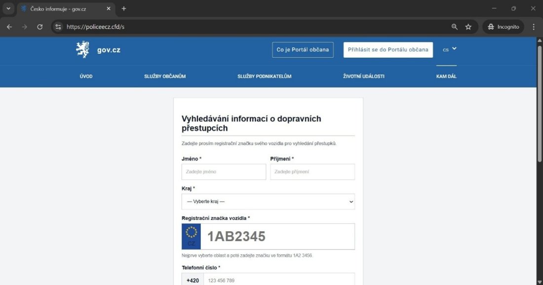 Falešný web vydávající se za&nbsp;Portál občana s&nbsp;výzvou k&nbsp;zaplacení pokuty.